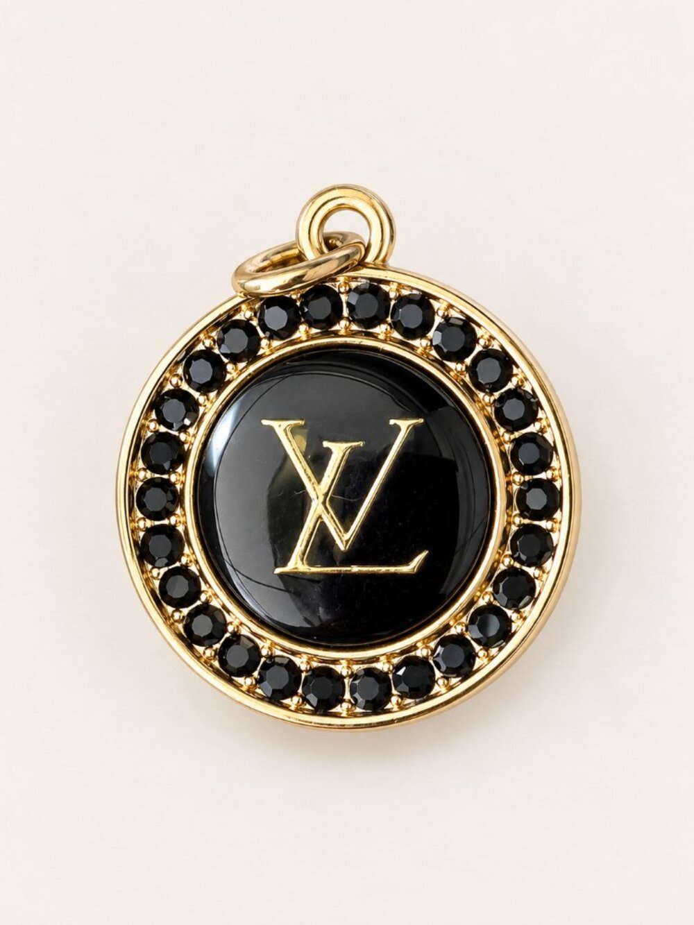 Louis Vuitton LV Logo Black Enamel Gold Tone Crystal Pendant Charm Stamped
